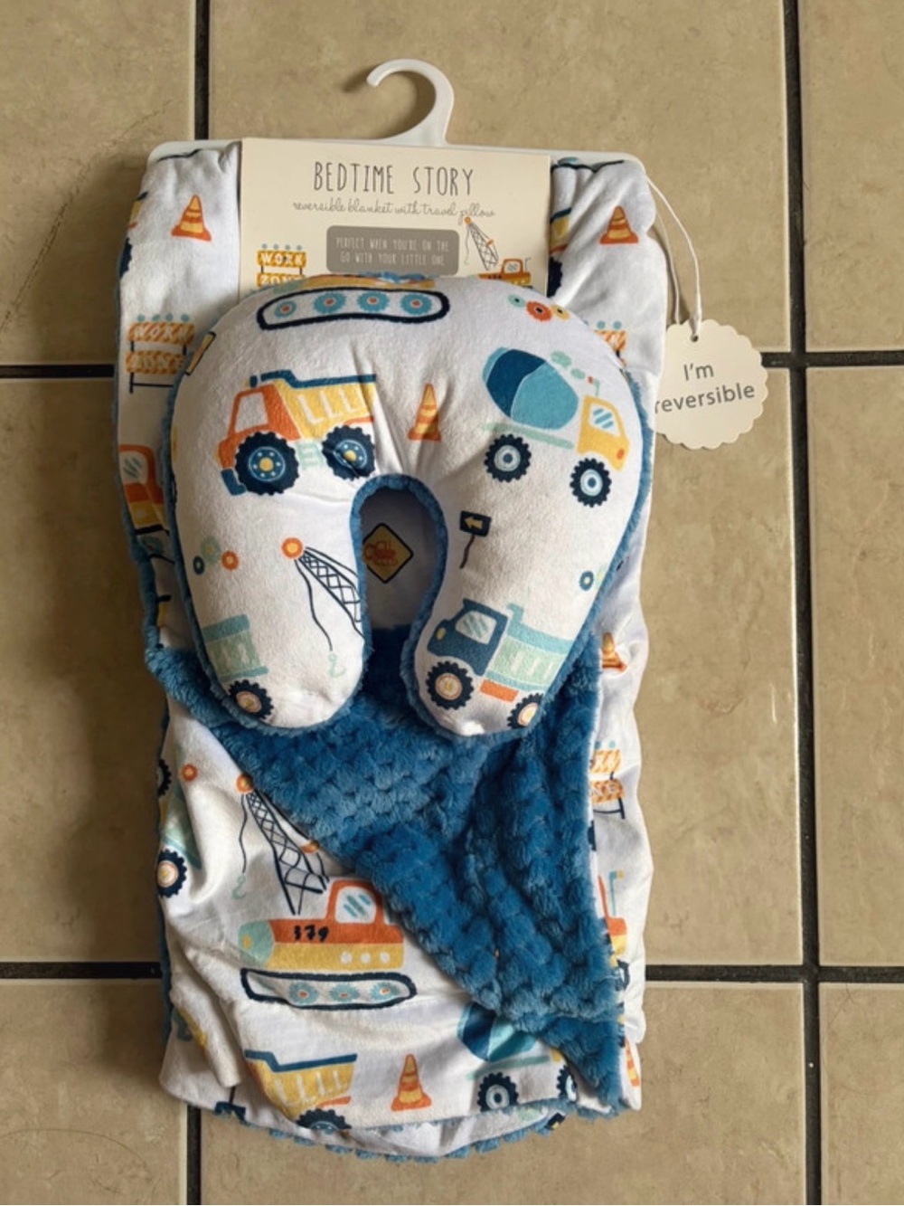 Reversible Kids Neck Pillow and Blanket Set - Blue Construction Print